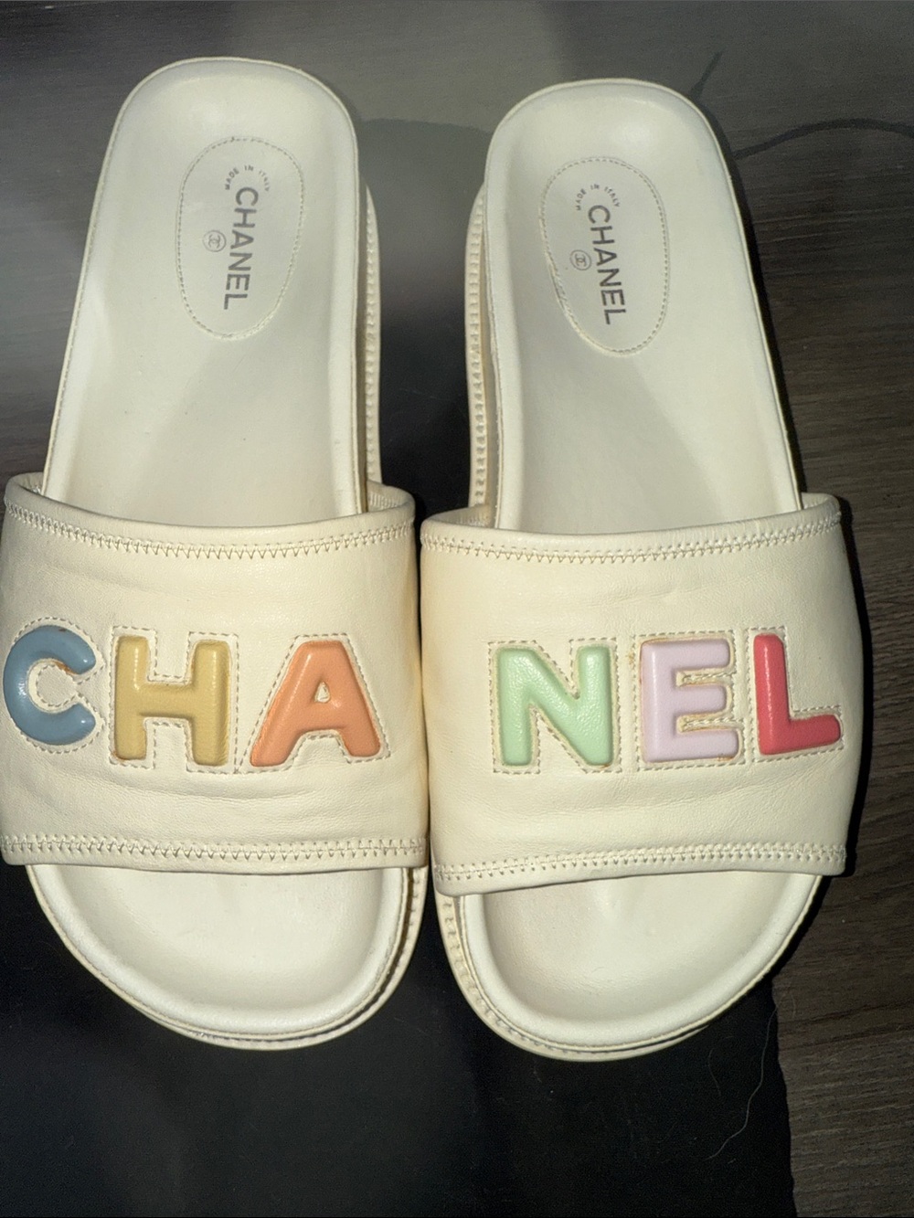 CHANEL Cream Leather Slide Sandals with Multicolor Pastel Logo - Picture 1 of 5